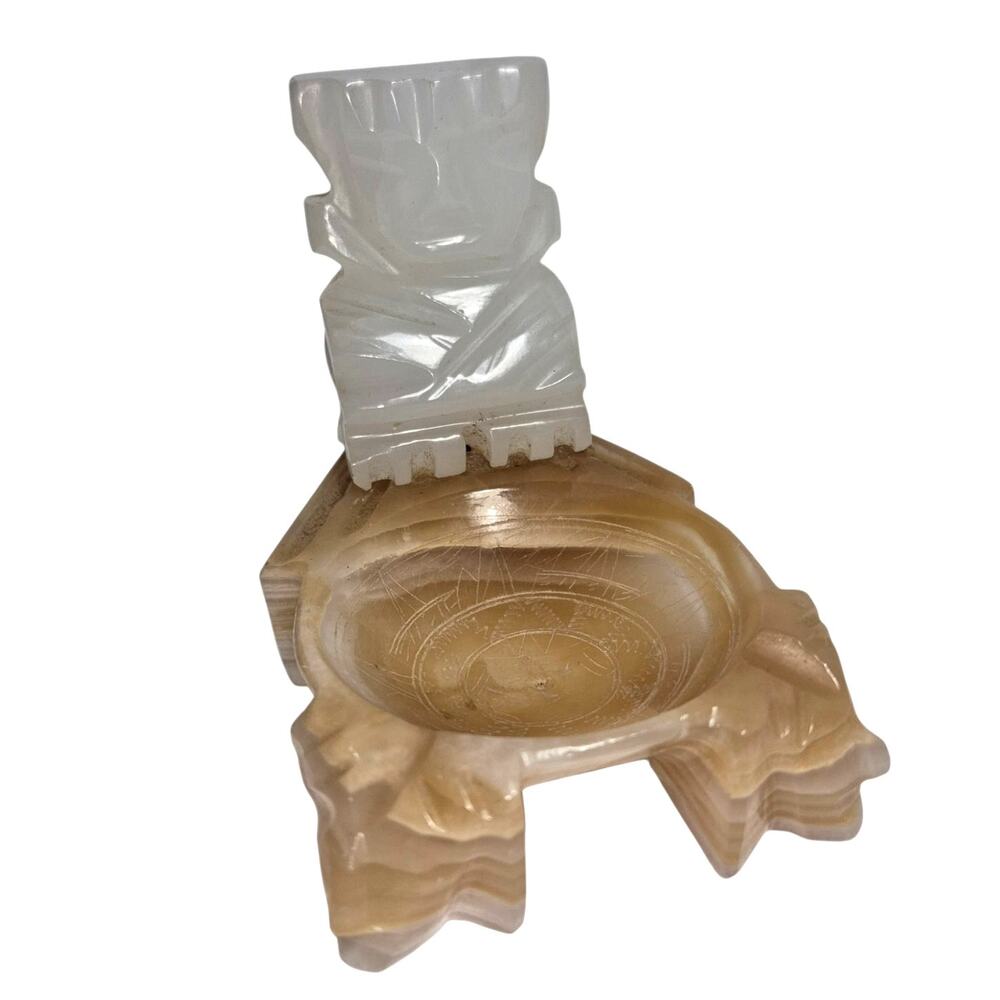 Vintage Hand Crafted Mexican Carved Onyx Stone Ashtray Trinket Dish Aztec/ Mayan